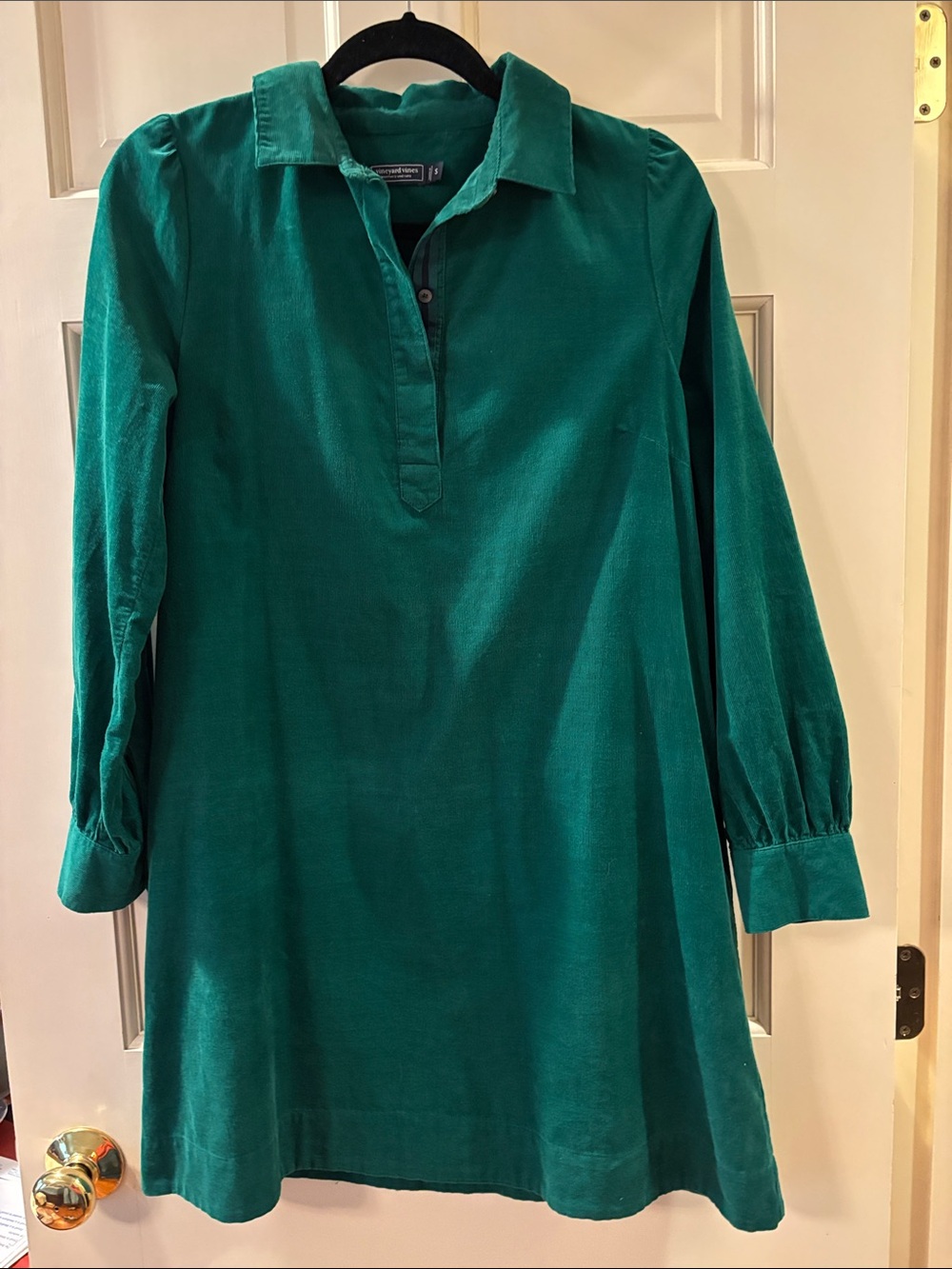 Vineyard Vines Emerald Green Collared Dress with Ribbon Placket and Puff S